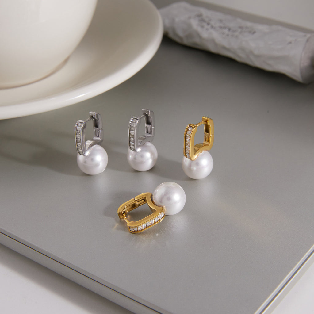 gold plated and silver-finish huggie earrings with white resin pearls