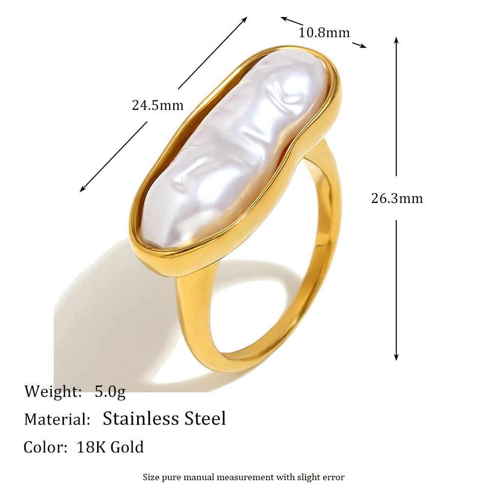 gold plated elongated pearl ring with dimensions and listed weight
