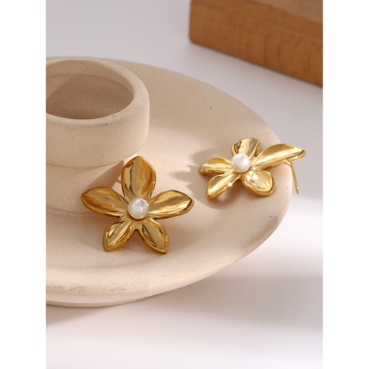 Gold-Tone Floral Stainless Steel Earrings and Rings close-up product view