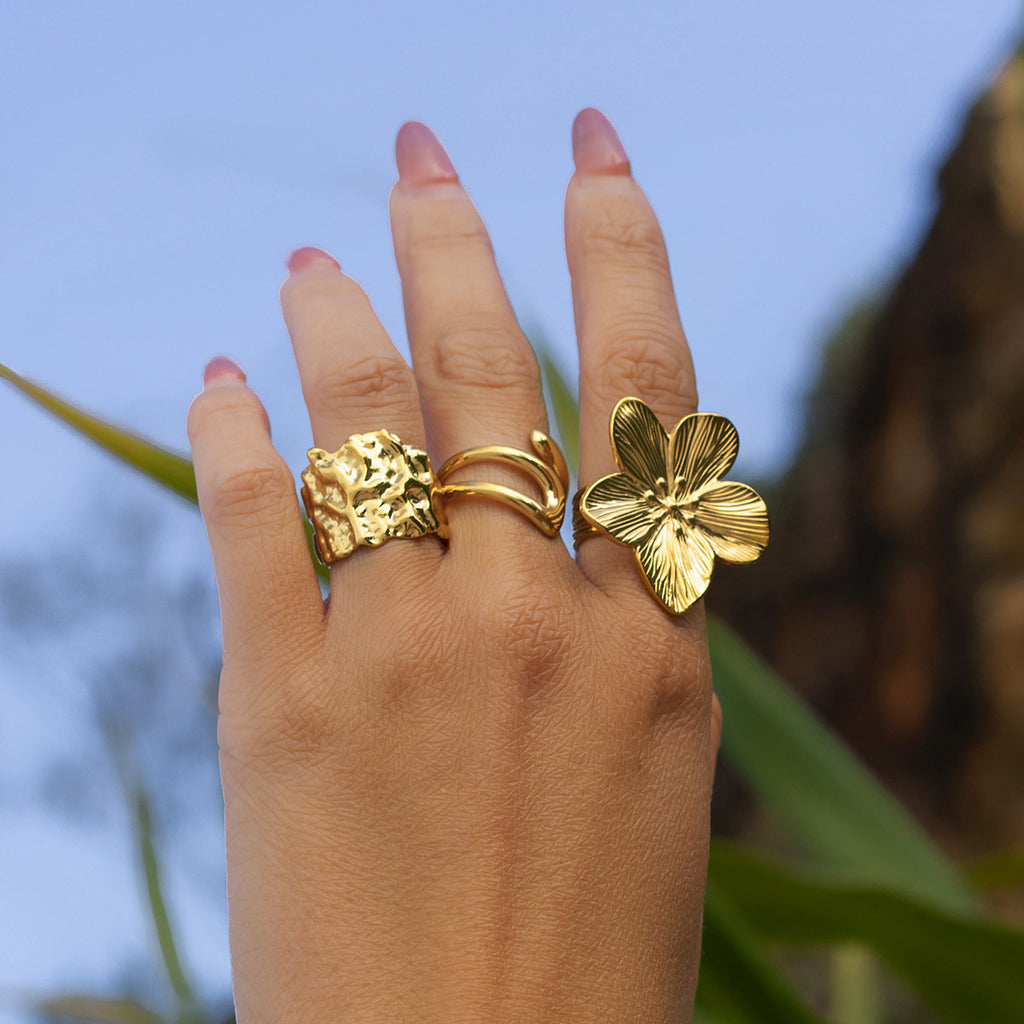Gold-Tone Sculptural Flower Stainless Steel Ring Collection — wholesale view 1