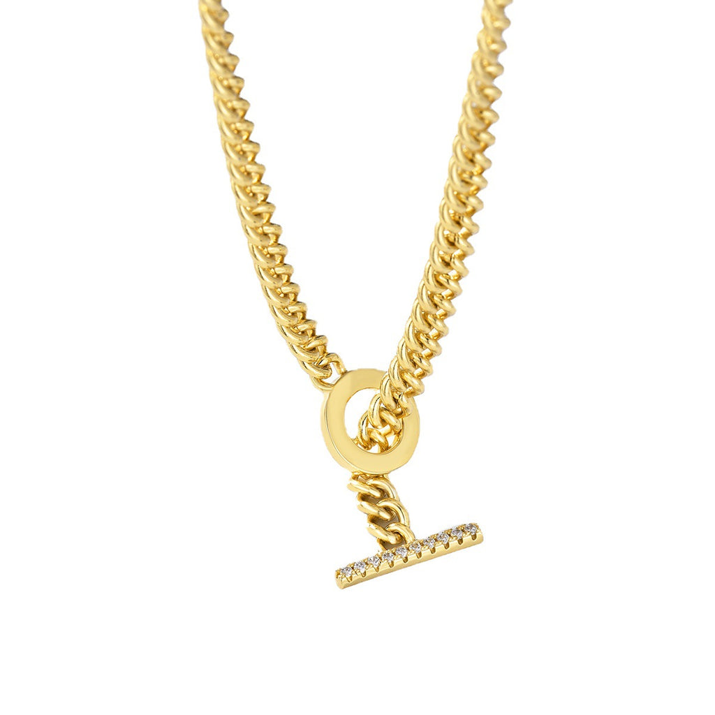 isolated brass Cuban chain toggle necklace in gold plating
