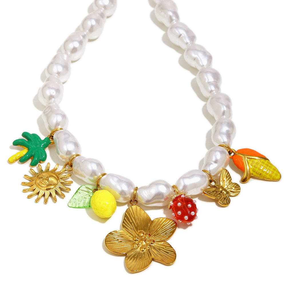 Front view of irregular white pearl-look beads and charm row