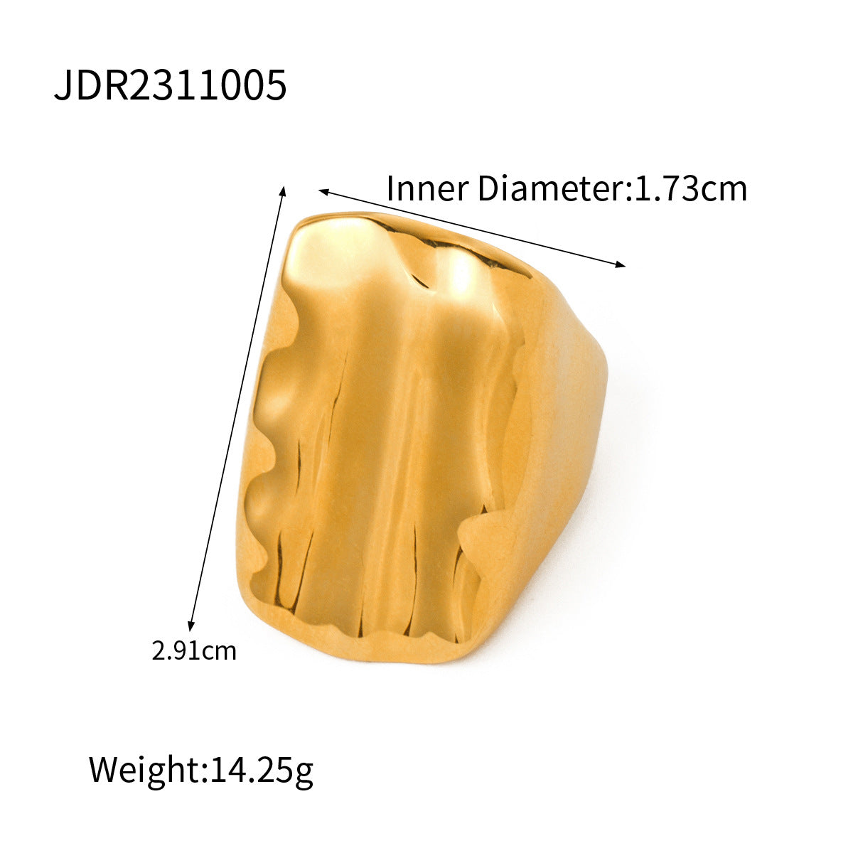 Gold tone ridged face ring with dimensions