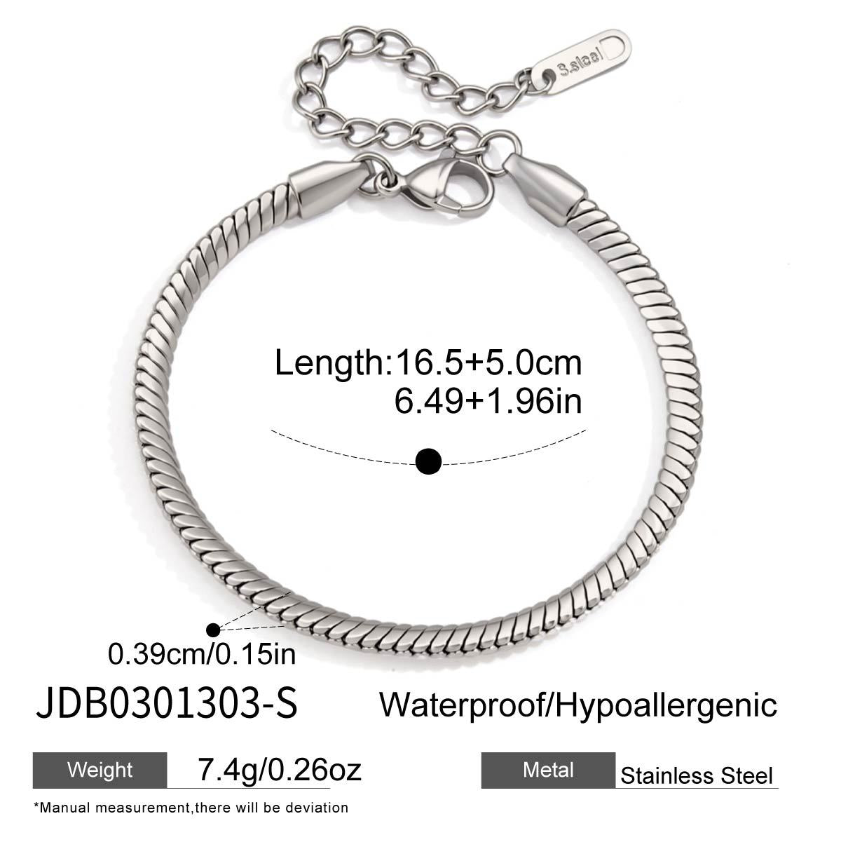 Silver tone snake bracelet length and width diagram