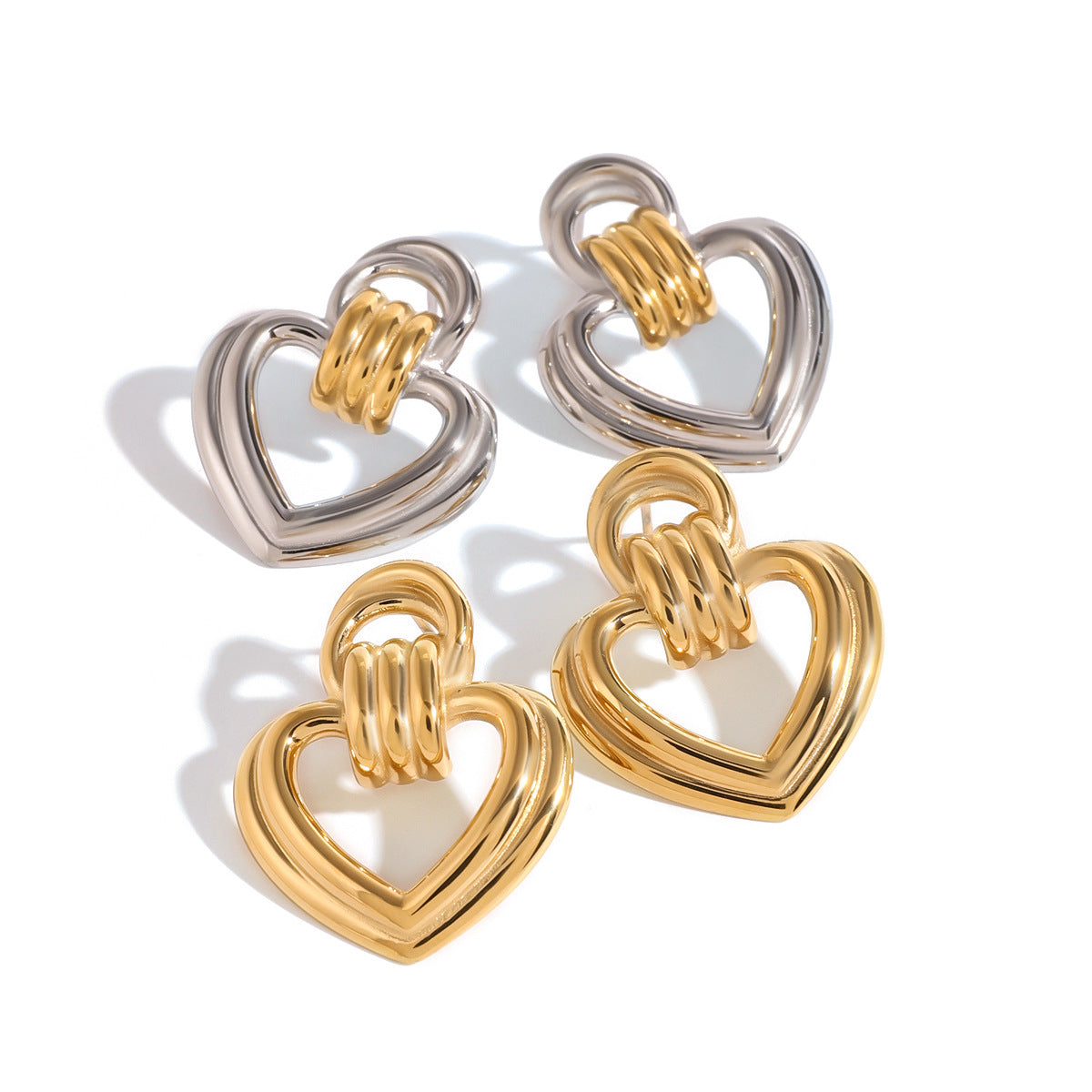 Mixed-Finish Open Heart Stainless Steel Drop Earrings — wholesale view 4