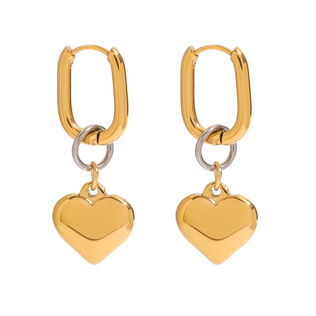 Gold-Tone Heart Charm Stainless Steel Hoop Earrings finish and shape detail