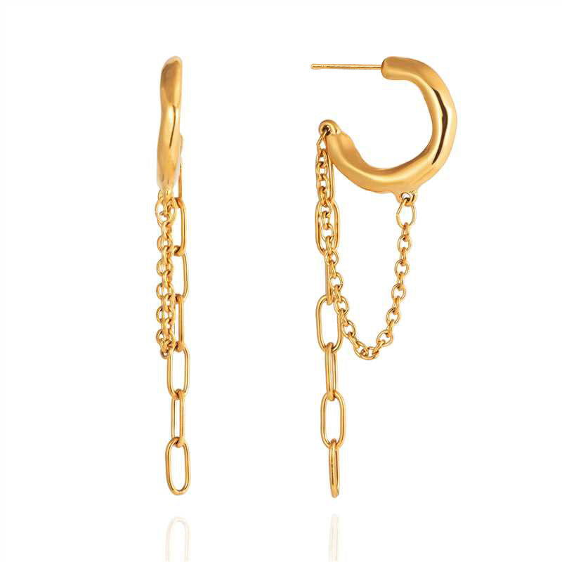 pair of gold plated stainless steel hoop earrings with uneven linked-chain drops