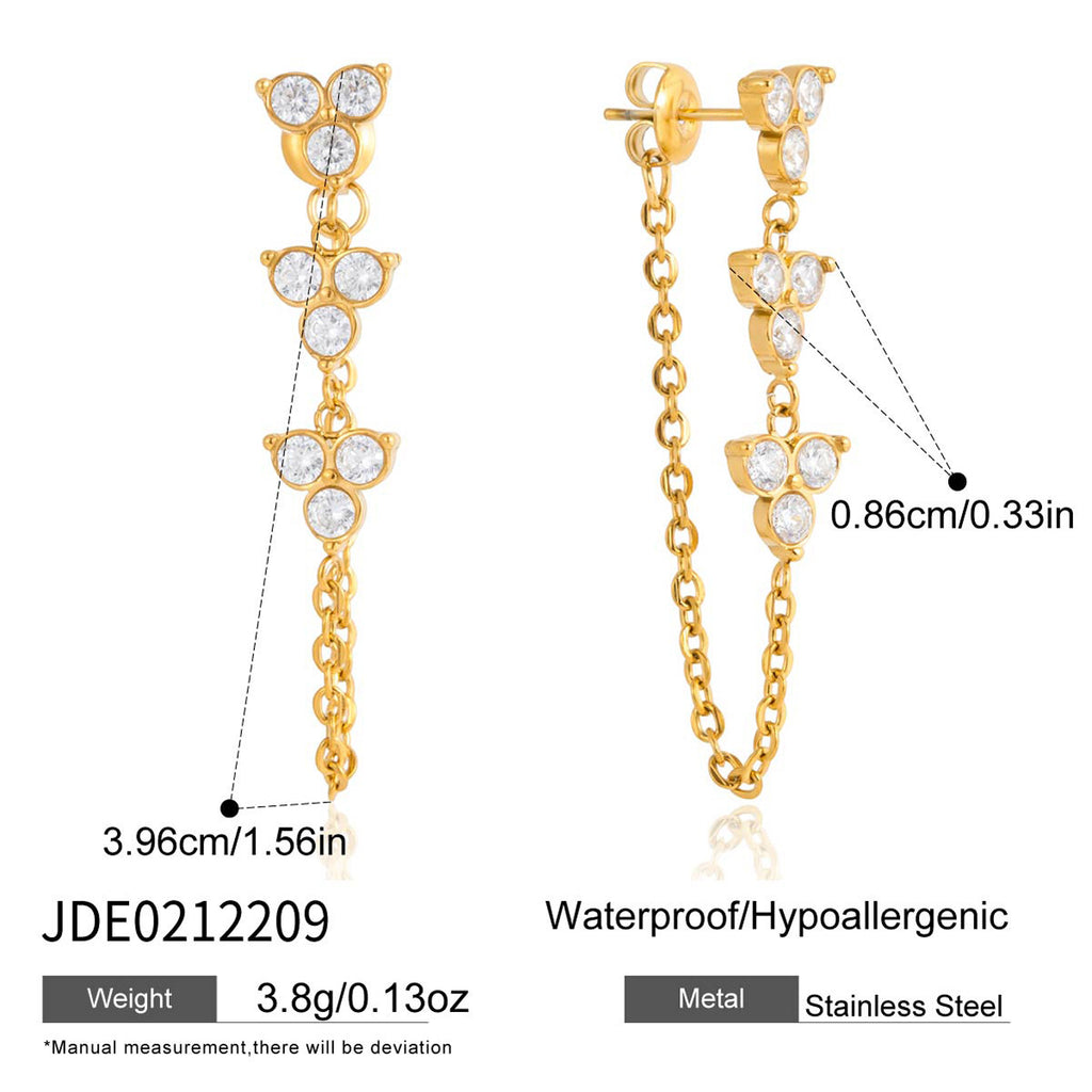 Butterfly-accent stainless steel chain-loop earrings with dimensions