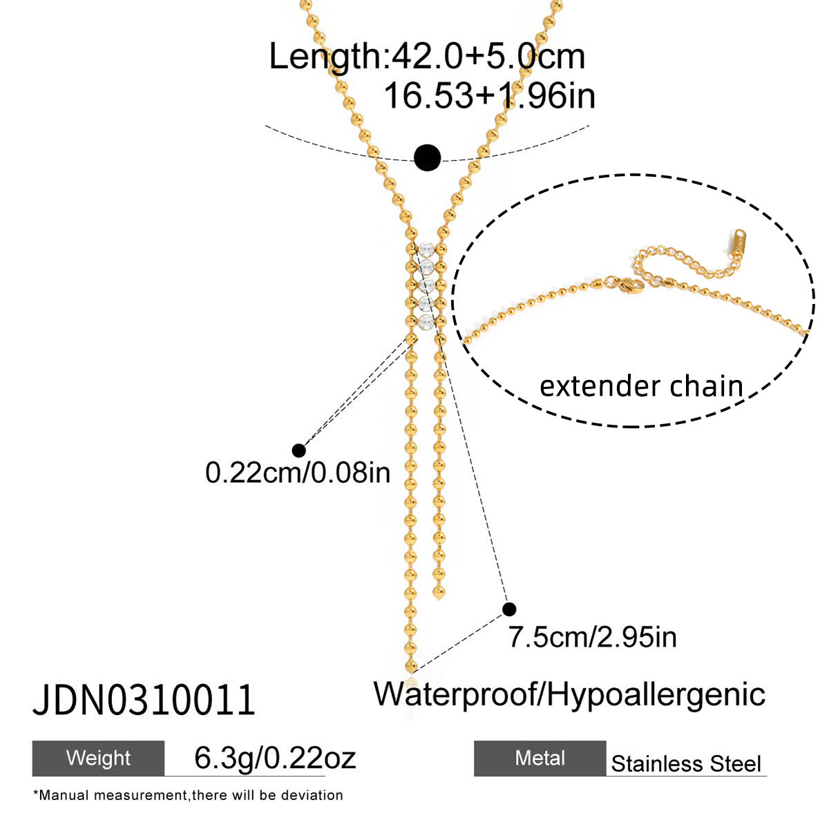 Y necklace showing chain length, extension and longer drop size