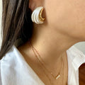 Gold Plated Stainless Steel Ivory Resin Crescent Stud Earrings — worn view