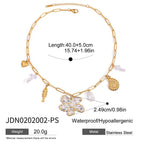 Floral white bead charm necklace dimensions and material detail