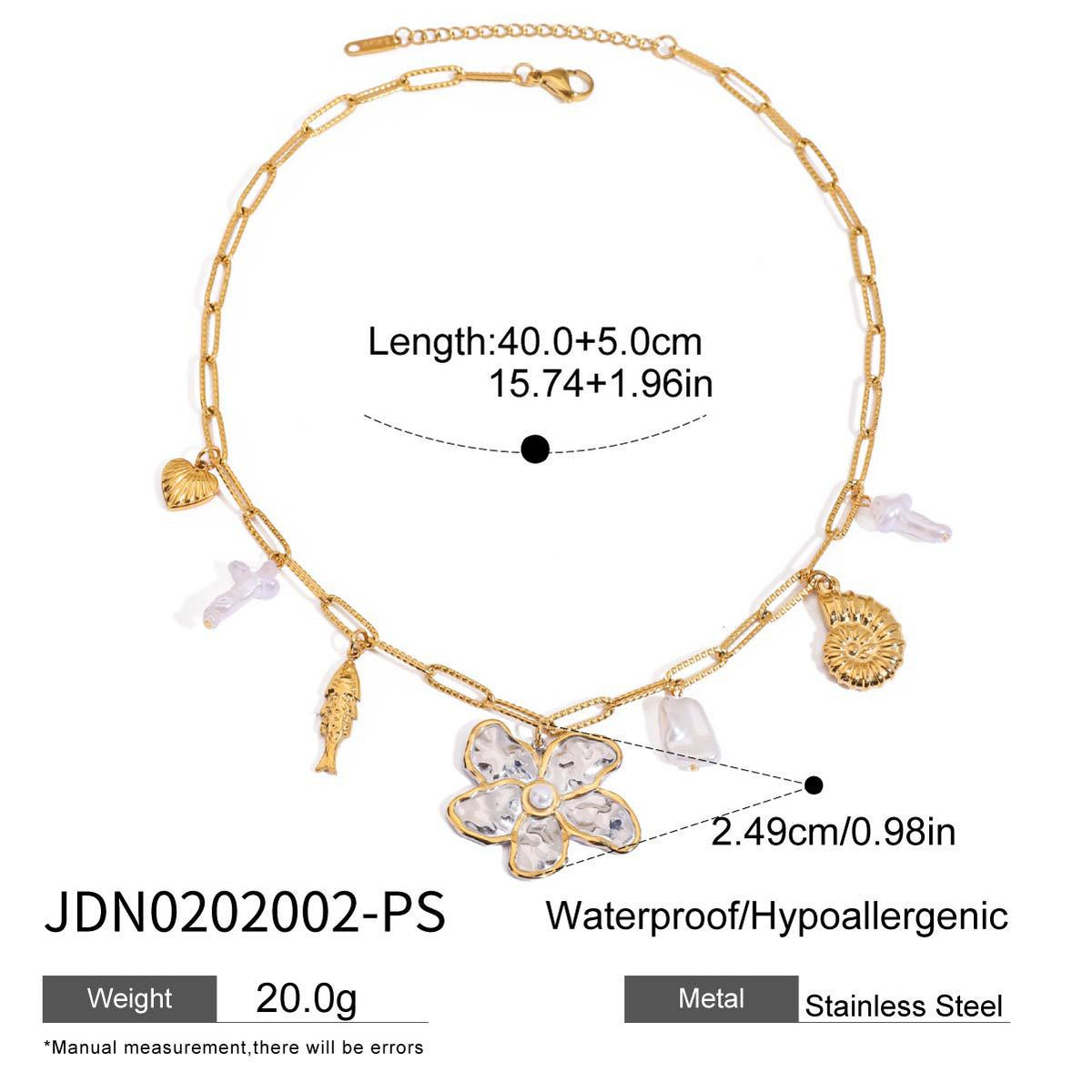 Floral white bead charm necklace dimensions and material detail