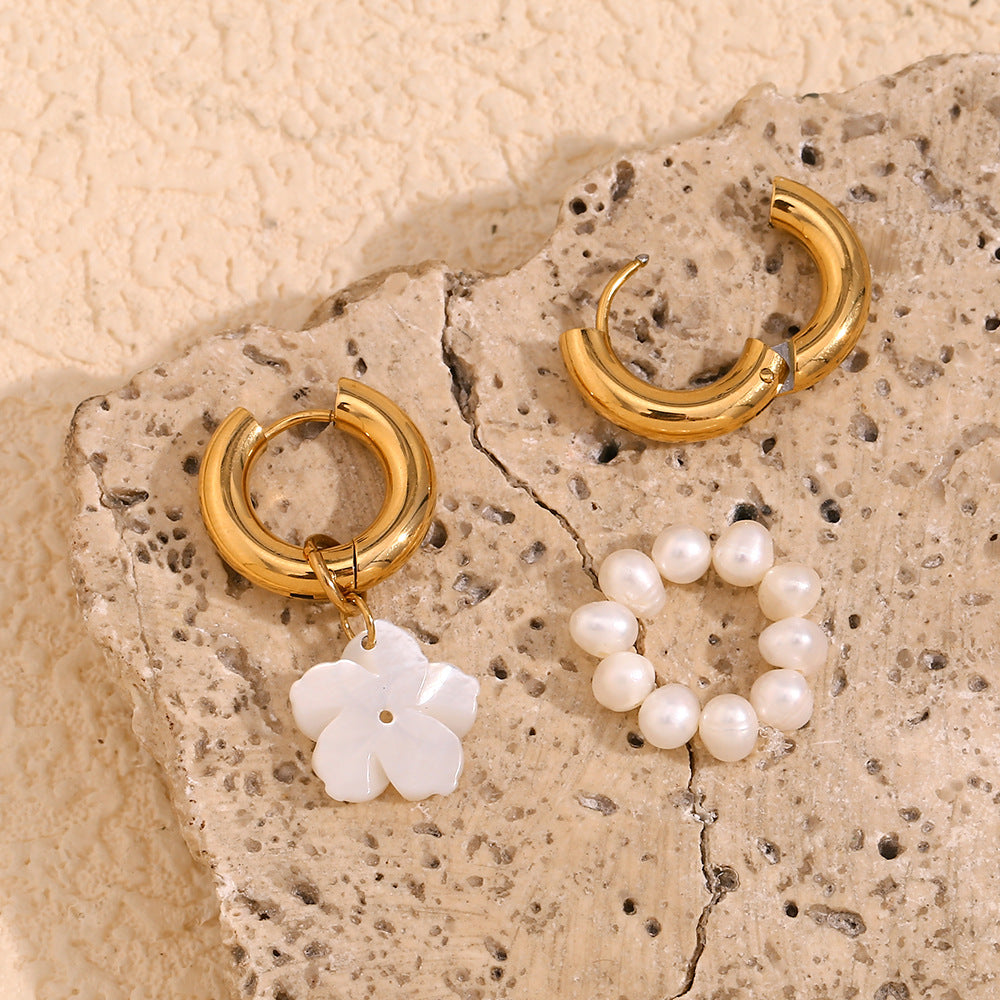gold plated hoops with separate pearl-loop and white shell-flower charms