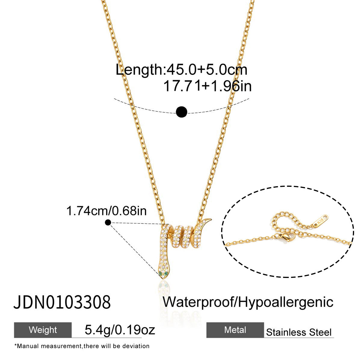 Coiled snake necklace length and pendant measurement image