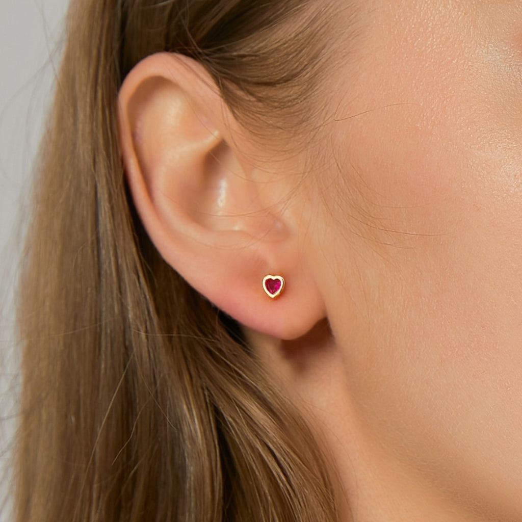 Gold Plated 925 Sterling Silver Red Heart Zirconia Stud Earrings — red heart stud worn on ear