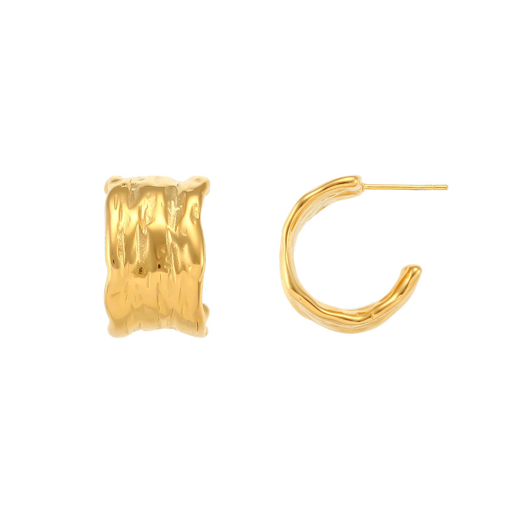 alternate front and profile view of gold plated hammered C-hoop earrings