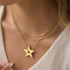 Three-layer star necklace worn at neckline