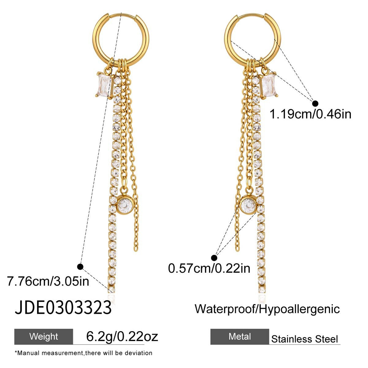 Stainless steel fringe earring length and hoop dimensions