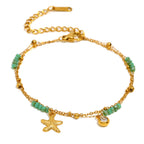 Gold Plated Stainless Steel Green Bead Starfish Double-Strand Bracelet — green bead detail