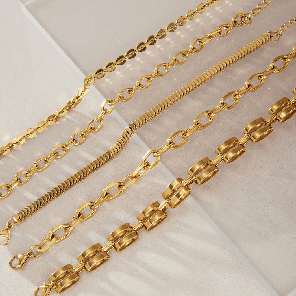 Five gold tone chain bracelet profiles in parallel rows