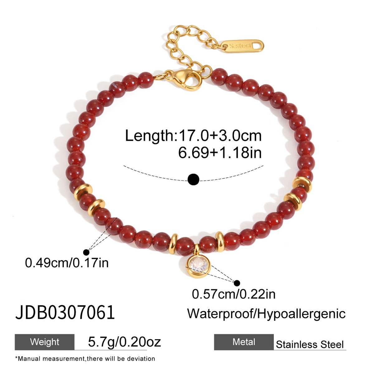 Red beaded bracelet with one clear round drop