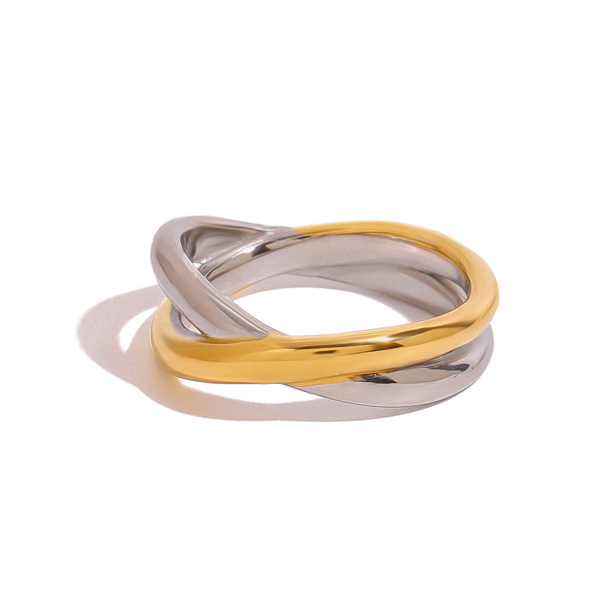 Front view of overlapping two-tone ring bands