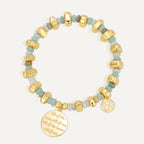 gold plated love message bracelet with pale aqua pebble beads