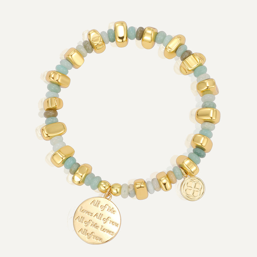 gold plated love message bracelet with pale aqua pebble beads