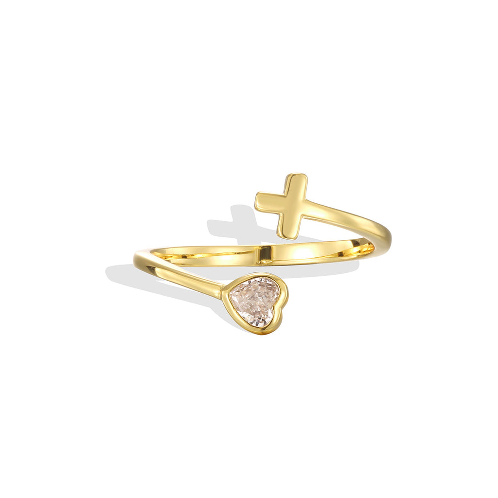 Gold Plated Brass Cross and Heart Zirconia Open Ring — heart setting and cross close-up