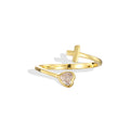 Gold Plated Brass Cross and Heart Zirconia Open Ring — heart setting and cross close-up