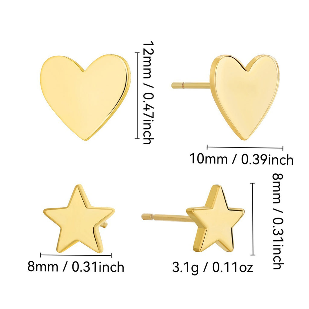 heart and star stud earring dimensions with listed set weight