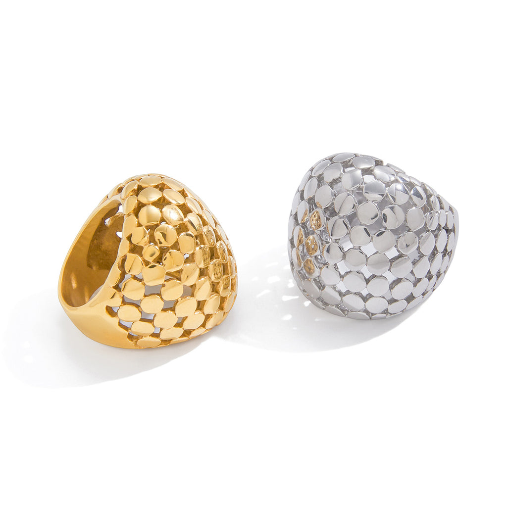 isolated lattice dome statement ring in two finishes
