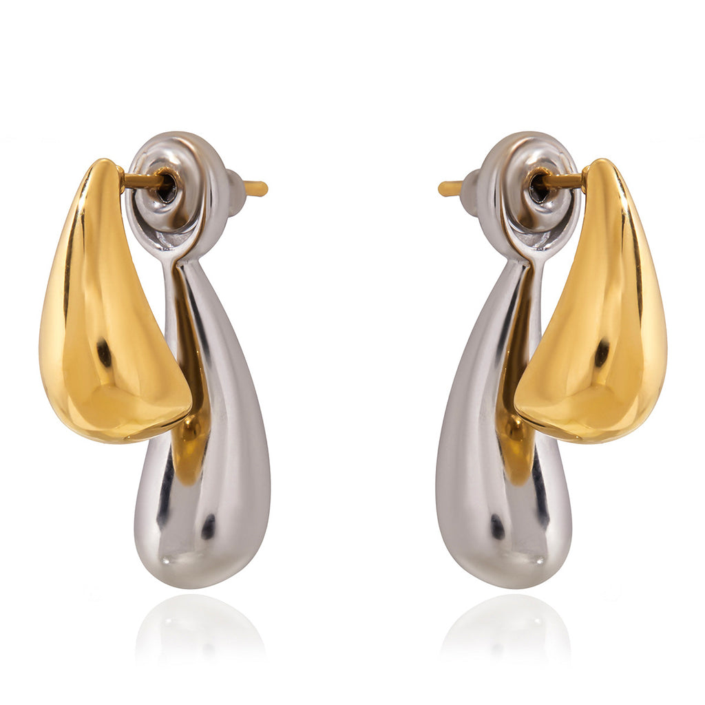 Stainless Steel Teardrop Earrings, Clover Studs and Link Bracelet — close-up of the teardrop form