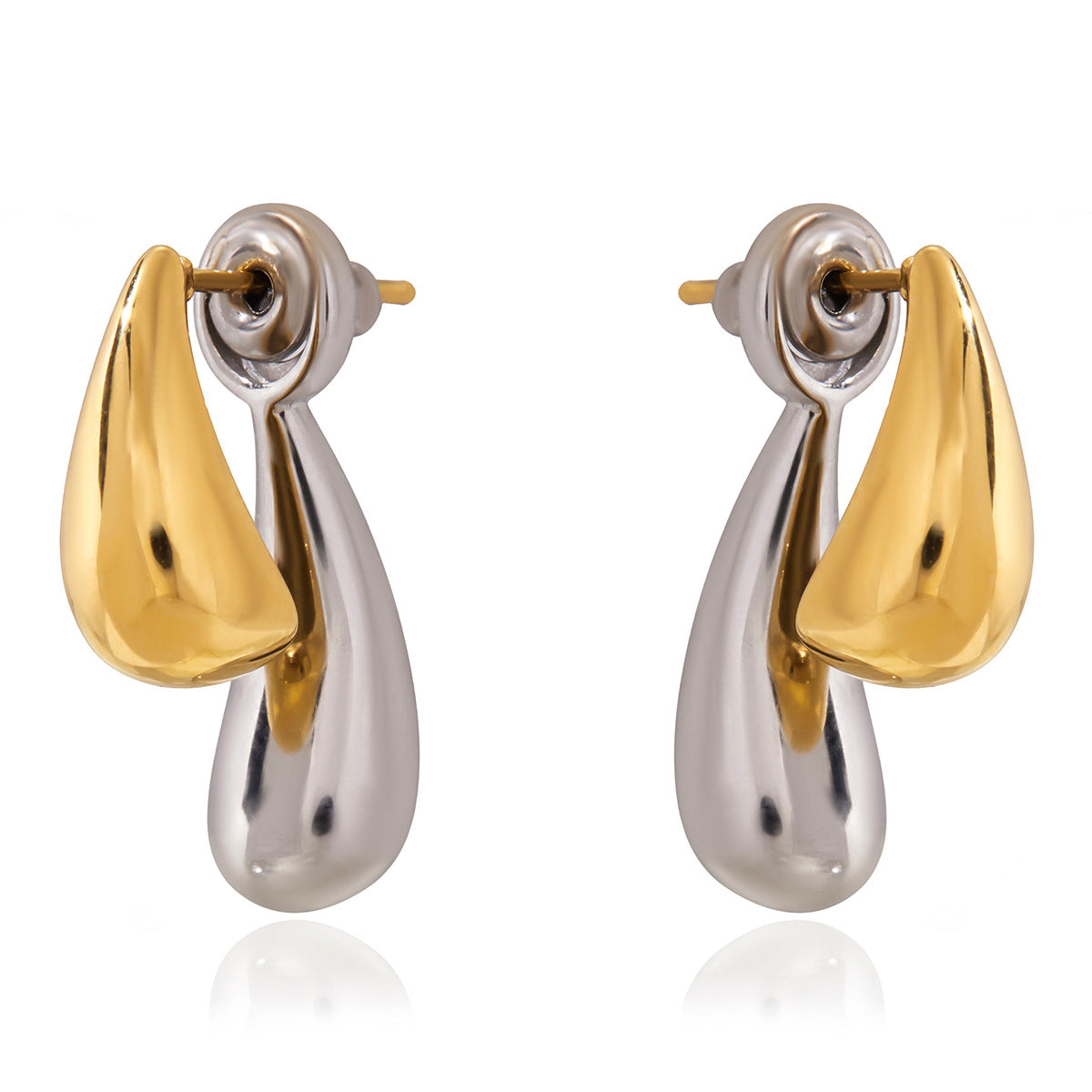 Stainless Steel Teardrop Earrings, Clover Studs and Link Bracelet — close-up of the teardrop form