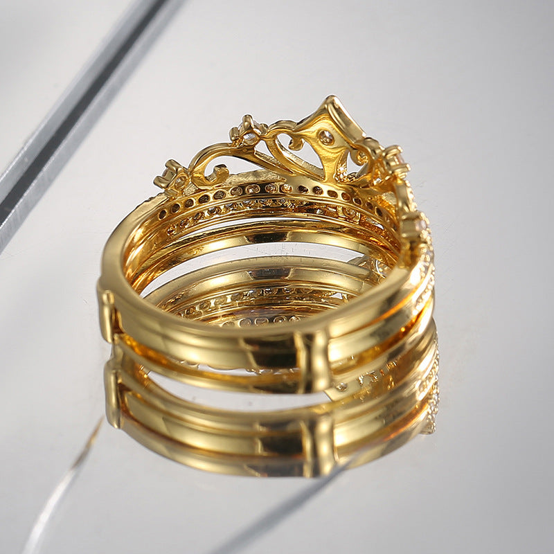rear view of the ornate clear stone multi-row ring construction
