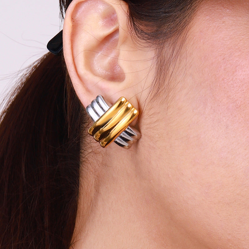 Two-Tone Stainless Steel Crossover Stud Earrings and Ring — front view