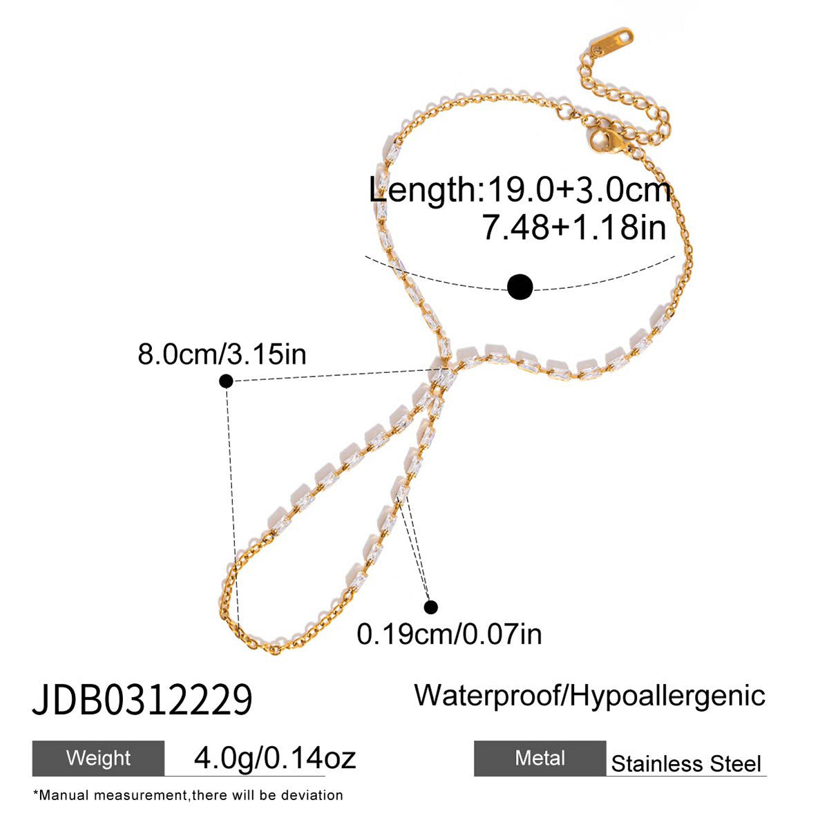 Hand chain measurement diagram and stone detail