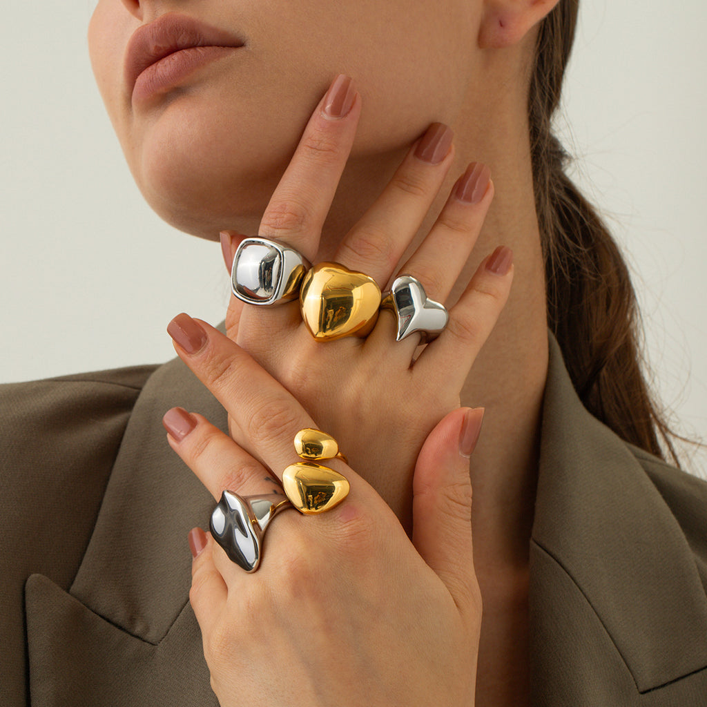 Wholesale Gold Plated Stainless Steel Dome Statement Ring Collection - styled view