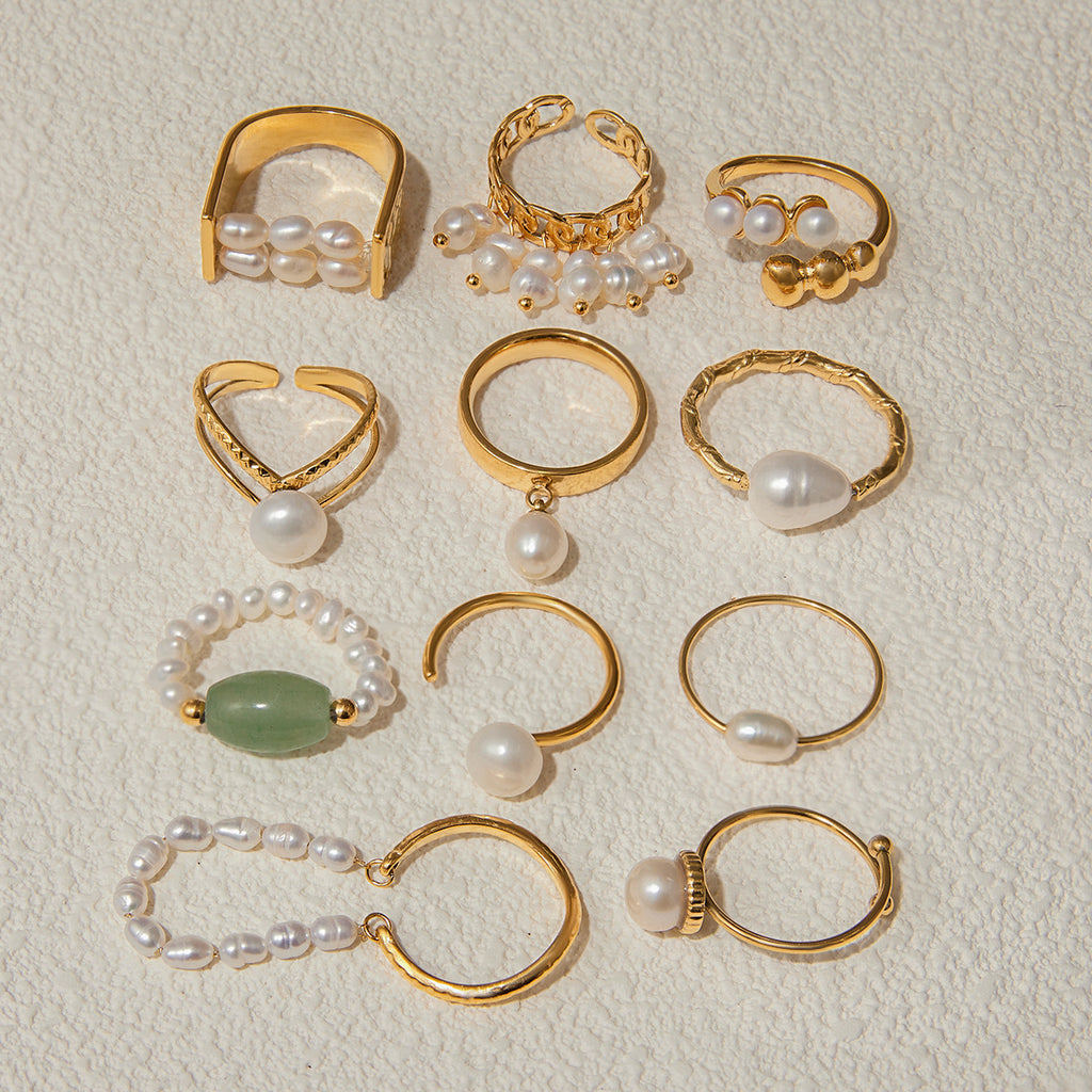 Freshwater pearl ring collection styled flat lay