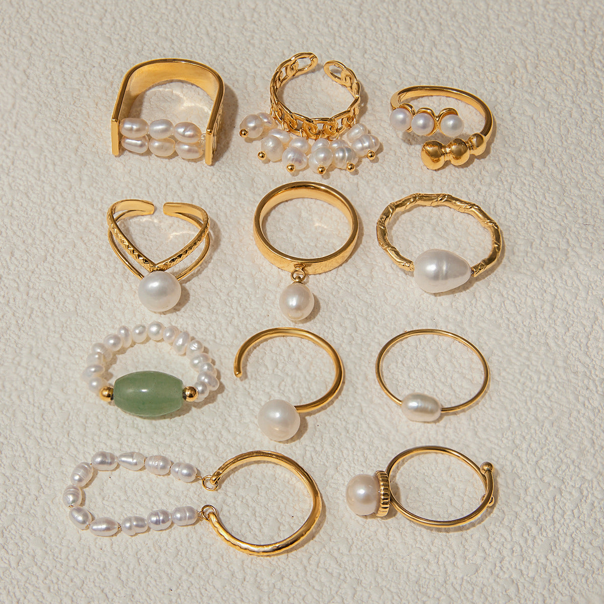 Freshwater pearl ring collection styled flat lay