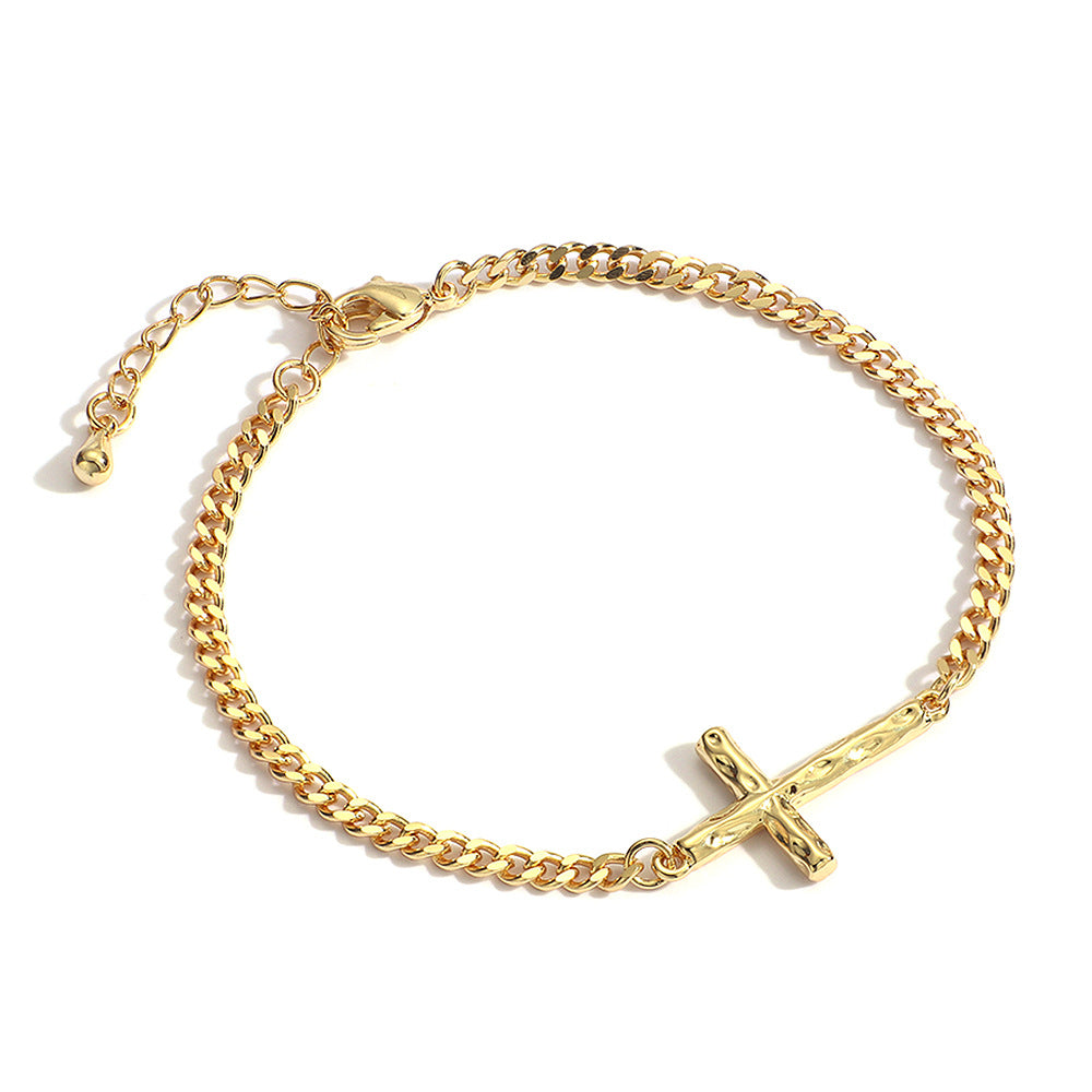 cross curb chain bracelet with lobster clasp and adjustable extension