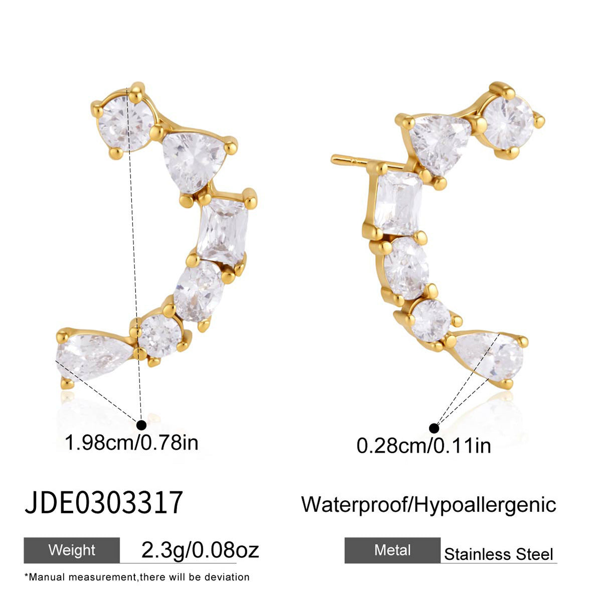 Zirconia arc earring dimensions and stainless steel reference