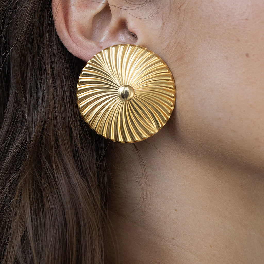 Gold Plated Ribbed Round Stainless Steel Statement Stud Earrings – product view 1