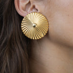 Gold Plated Ribbed Round Stainless Steel Statement Stud Earrings – product view 1
