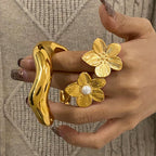 Sculptural Stainless Steel Cuff Bracelet and Flower Rings — silver outline flower ring option