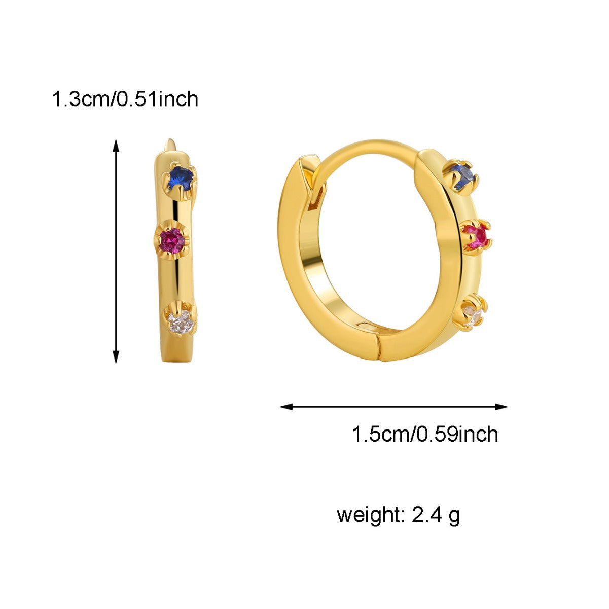 multicolor stone huggie earrings with dimensions and weight