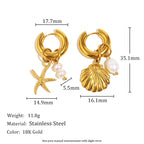 Gold Plated Stainless Steel Starfish and Shell Drop Earrings — front view