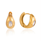 front and side views of gold plated teardrop huggie earrings