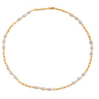 Full view of long gold plated pearl station necklace