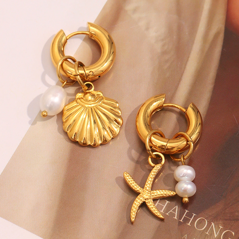 Gold Plated Stainless Steel Starfish and Shell Drop Earrings — starfish drop close-up